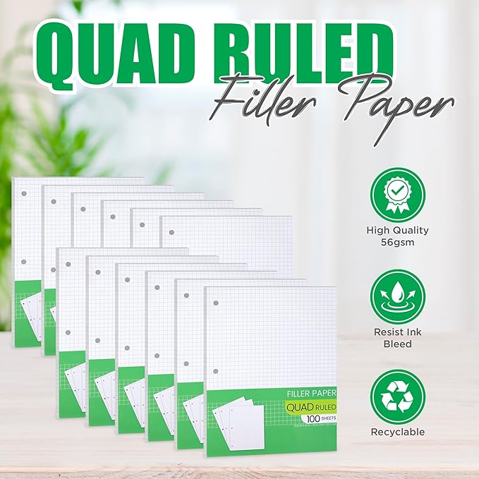 Graph Paper, Filler Paper Loose leaf Graph Paper - 8” x 10.5" - Graph Ruled, 4x4 Quad Ruled Notebook Paper, 3 Hole Punched Loose leaf Papers for 3 Ring Binders - 100 Sheets per Pack (12 Pack)