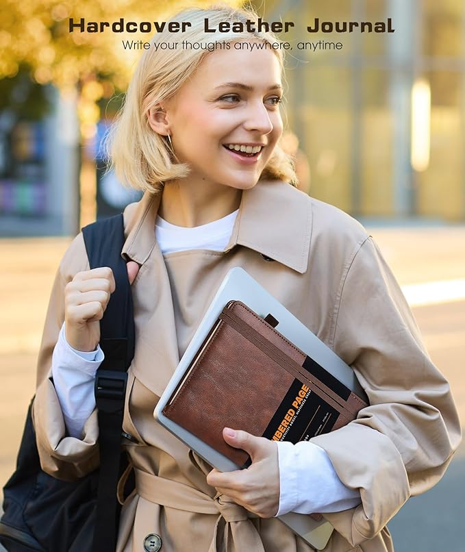 Lined Journal Notebook for Women Men, 256 Numbered Pages Hardcover Leather Journals for Writing, A5 Journaling Notebooks, College Ruled Journal for Business Work School Note Taking 5.75" x 8.38" Brown