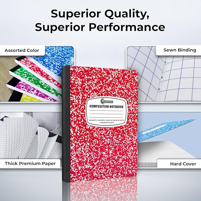 Composition Notebook Graph Paper, 5 Pack, 200 Pages (100 Sheets), Quad Ruled Composition Notebook, 4x4 Grid Graph Paper Composition Book, Assorted Colors, Hard Cover Graph Book, 9-3/4 x 7-1/2