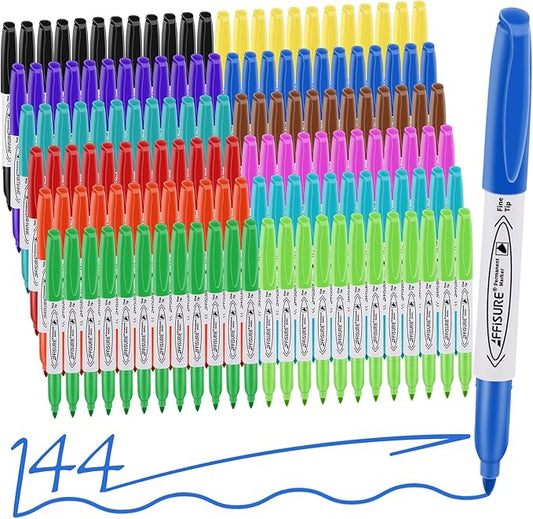 12 Colors Permanent Markers, 144 Pack Permanent Markers, Assorted Colors Marker,Fine Point, Permanent Markers Bulk, Fast Dry, Waterproof, work on Plastic, Glass, Metal, Wood and Stone