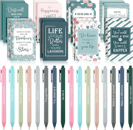 Funrous 32 Pcs Motivational Quote Pens Inspirational Notepads Mini Journal with Ballpoint Pen Small Notebooks Gift Set for Men Women Coworkers, Adult Party Favors Prizes Gift Bulk(Floral)