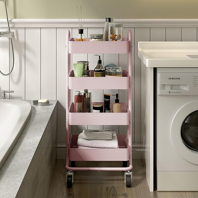4-Tier Pink Rolling Cart,Metal Utility Rolling Cart with Handle,Multifunction Rolling Carts with Wheels,Kitchen Storage Carts Suitable for Office,Home,Kitchen,Garden๏ผ13.4"x18.1"x40"๏ผ Pink