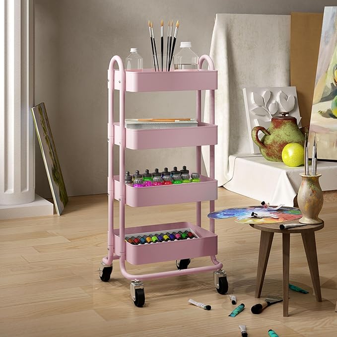 4-Tier Pink Rolling Cart,Metal Utility Rolling Cart with Handle,Multifunction Rolling Carts with Wheels,Kitchen Storage Carts Suitable for Office,Home,Kitchen,Garden๏ผ13.4"x18.1"x40"๏ผ Pink
