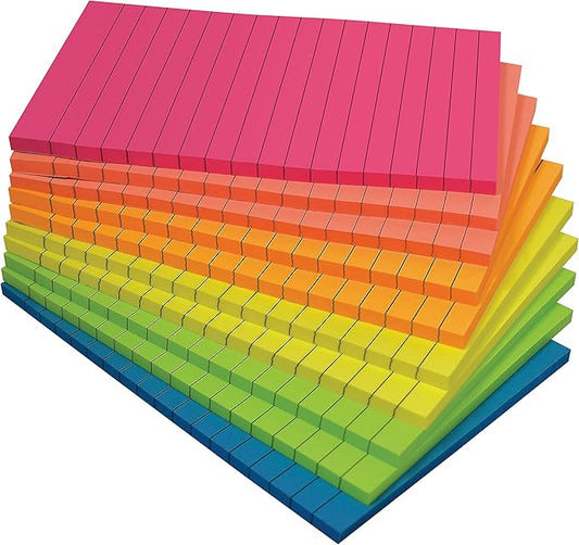 Better Office Products Lined Sticky Notes, 4 x 6, 10 Pack, 500 Sheets (50/Pad), Self Stick Notes with Lines, 6 Bright Assorted Colors, Post Memos, Strong Adhesive, 10 Pads