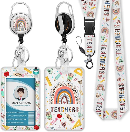 Teacher Lanyards for Id Badges, Rainbow Teachers Badge Holder with Retractable Reel Clip, Adjustable Breakaway Name Tag Lanyard Vertical ID Card Protector Case for Nurse Nursing Doctor Student