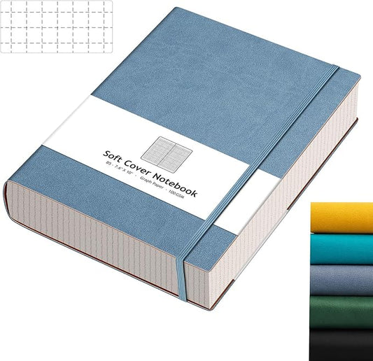 AHGXG Graph Paper Notebook - 320 Pages Grid Paper Notebook Large Journal B5, 100gsm Thick Graph Paper, Leather Softcover, Inner Pocket, 7.6'' X 10''- GrayBlue