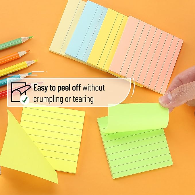 Mr. Pen Lined Sticky Notes - 3x3, 6 Pads, 45 Sheets, Pastel Colors