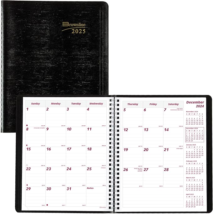 Brownline® 2025 Essential Monthly Planner, 14 Months, December 2024 to January 2026, Twin-Wire Binding, 8.875" x 7.125", Black (CB1200.BLK-25)
