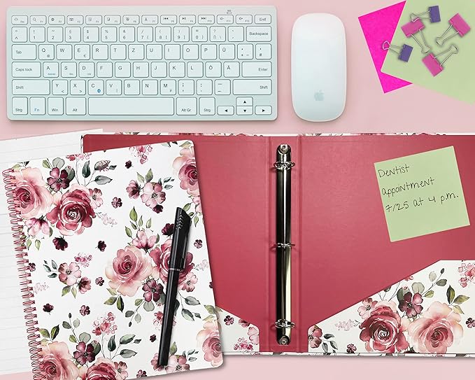Steel Mill & Co Cute Large Spiral Notebook College Ruled, 11" x 9.5" with Durable Hardcover and 160 Lined Pages, Rose Floral