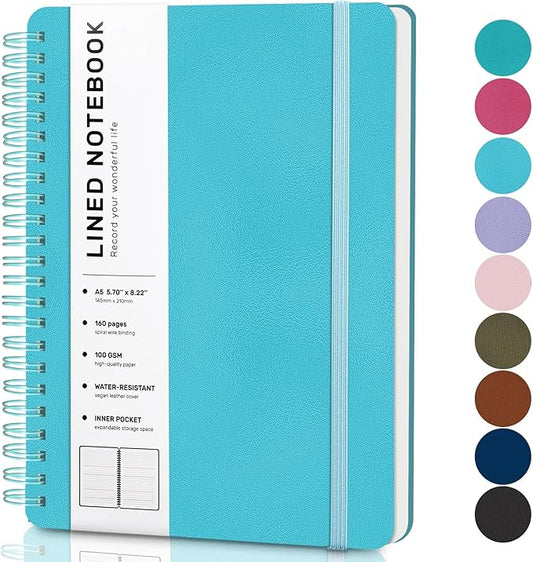 Light Blue Lined Spiral Journal Notebook with 160 Pages, 8×5.7in, A5 Spiral Notebook, Journaling Notebooks for Work, School, Women, Men, College Ruled Spiral Notebook, Hardcover Leather Journals