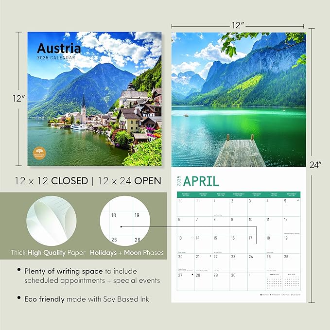 2025 Austria Monthly Wall Calendar by Bright Day, 12 x 12 Inch Beautiful Landscape Photography Gift