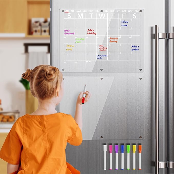 Acrylic Magnetic Dry Erase Board Calendar for Fridge, Clear Monthly Planner and Memo Whiteboard for Refrigerator, w/ 8 Colors Markers, 15 x 11"