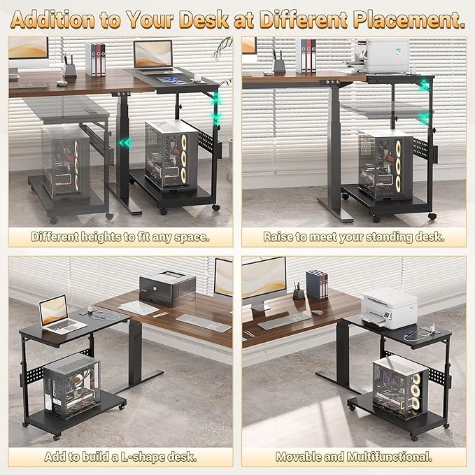 Computer Tower Stand with Power Strips, Height Adjustable PC Tower Stand/Cart with Wheels, Mobile Rolling CPU Holder, Computer Cart Side Stand for Computer Desk, 32", Carbon Fiber Black