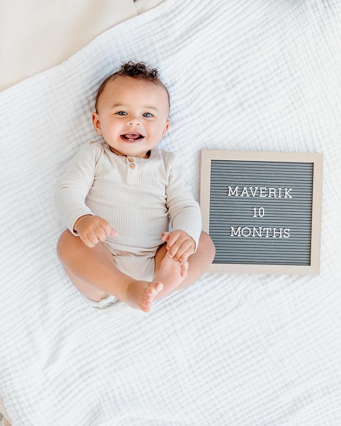 Pearhead Wooden Letterboard Set - Ideal Photo Sharing Prop for Baby Announcements, Milestone Keepsake, Custom Message Board and Shower Gift - Includes 188 Letters, Numbers, and Symbols - Gray