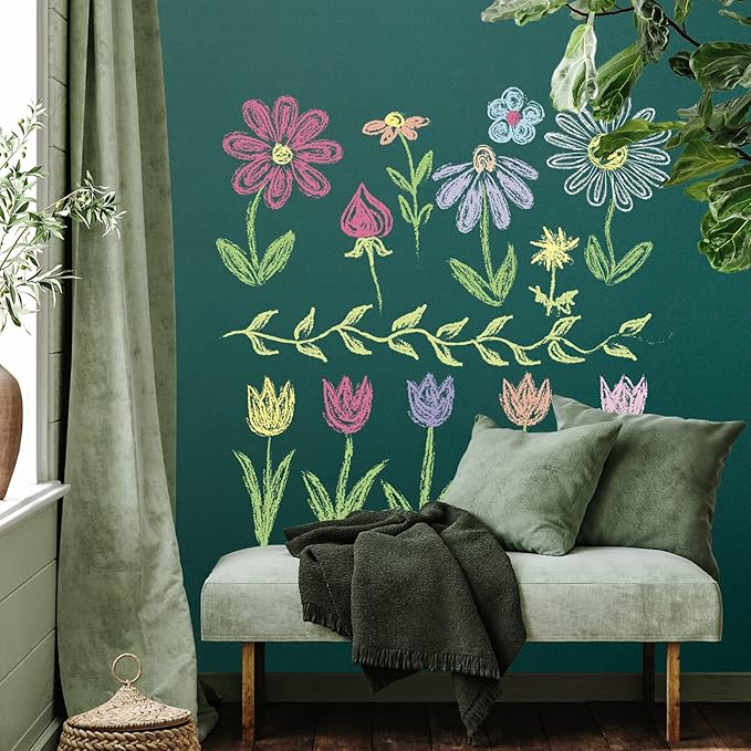 Chalkboard Wallpaper Stick and Peel: Green Contact Paper Classroom Chalkboard Stickers Chalk Board Paint Self Adhesive Wall Paper with 8 Colorful Chalks (17.5 X 78.7 Inches)