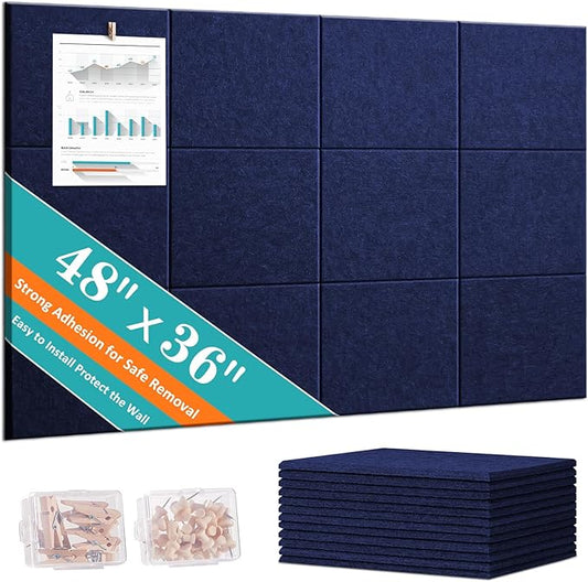 Large Cork Board Alternative - 48" x 36" Bulletin Board for Office - 12 Pack Felt Wall Tiles with Safe Removable Adhesive Tabs - Corkboard for Home & School Walls Decor - Navy Blue