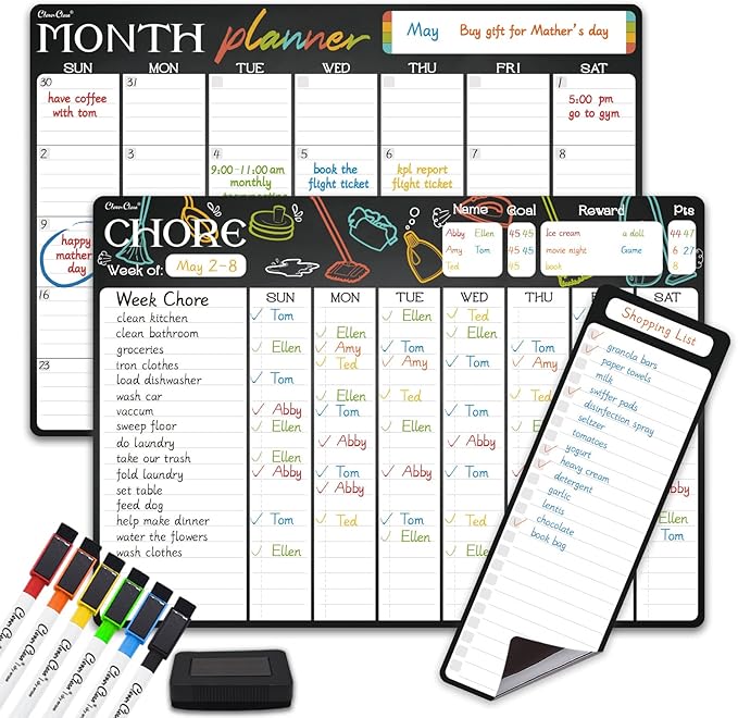 Magnetic Dry Erase Chore Chart & Monthly Planner - 17x12 Chore Chart & Monthly Calendar - 4"x12" List Pad - 6 Extra Fine Point Markers Included - Shipped Flat