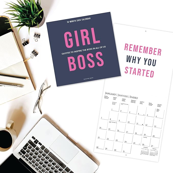 Graphique 2024 Girl Boss Wall Calendar | 12” x 12” | Thick Paper | Home & Office Organizer | Large Monthly Grid | 3 Languages & Marked Holidays | 4 Month Preview Page for 2025
