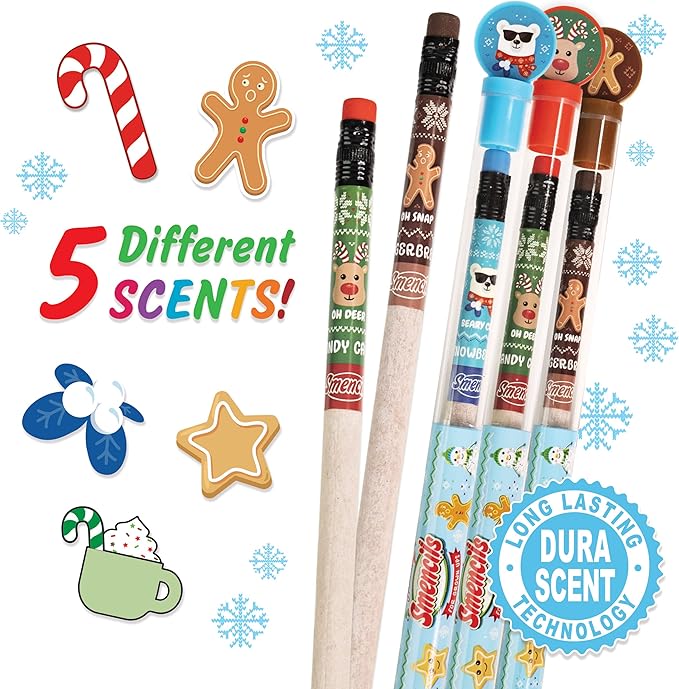 Holiday Smencils for Grown Ups - HB #2 Patented Gourmet Scented Fun Pencils, 5 Count - Stocking Stuffer, White Elephant Gifts for Adults, Office Supplies, Party Favors