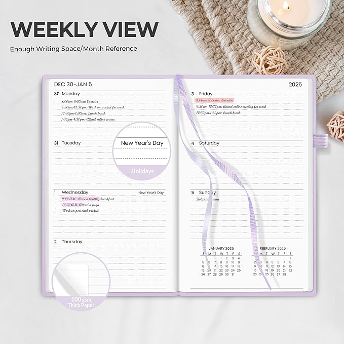 SUNEE 2025 Pocket Weekly Planner for Purse 3.5" x 6" - 12 Month (January 2025 - December 2025), Pocket Size Planner, Hardcover, Notes, Pocket, 100 GSM Paper, Purple