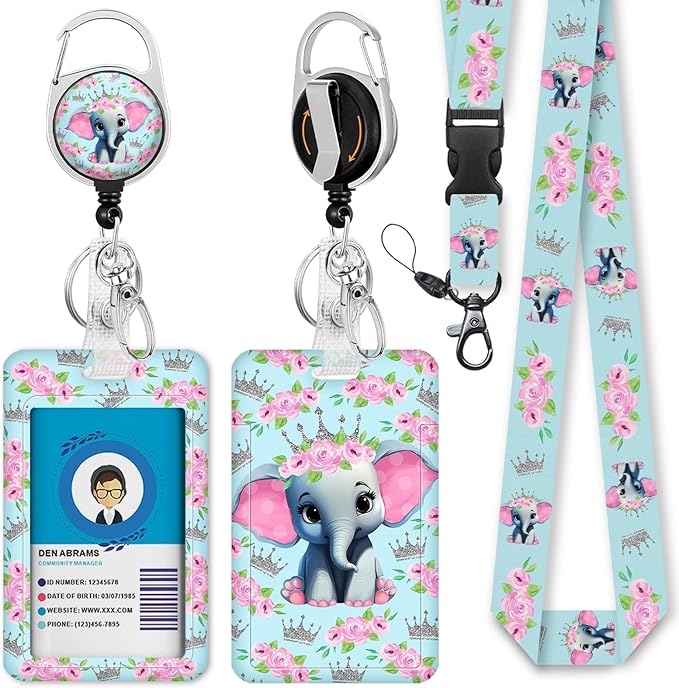 Giancomics Cute Flower Elephant ID Badge Holder with Lanyard, Lanyards for ID Badges with Badge Reel Retractable Heavy Duty, Lanyard with ID Holder Keychain Clip ID Card Holder Teacher Women Work