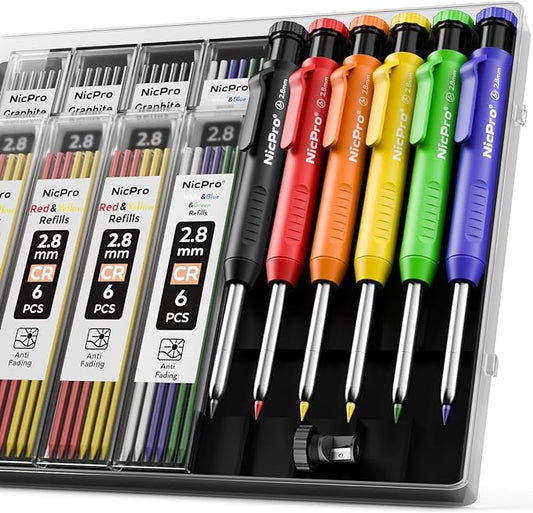 Nicpro 6 Pack Carpenter Pencil with Sharpener,Mechanical Pencils Set 54PCS Refills(Black,Red,Yellow,Blue,Green,White) Deep Hole Marker Construction Heavy Duty Woodworking -With Case