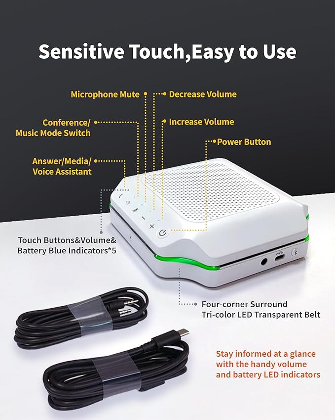 KURO CSP-102 Bluetooth AI Speakerphone Conference Speaker and Microphone with AI Noise Cancellation Long Coverage 360 Degree Voice Pickup Wireless Office Mic for Zoom Meeting Skype Teams Black