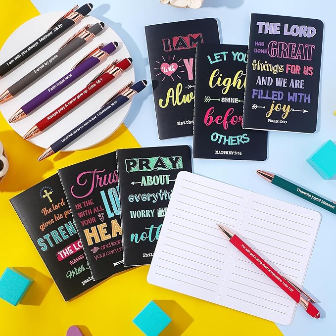 Funrous 32 Pcs Motivational Quote Pens Inspirational Notepads Mini Journal with Ballpoint Pen Small Notebooks Gift Set for Men Women Coworkers, Adult Party Favors Prizes Gift Bulk(Dark)