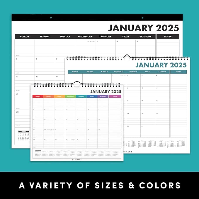 PAPERAGE Calendar 2025-12 Month (Black), Minimalist Wall and Desk Calendar with Monthly Views and Yearly Plans – Large (17 in x 22 in)