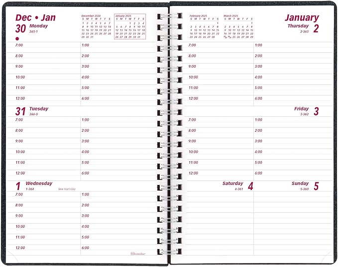Brownline® 2025 DuraFlex Weekly Planner, Appointment Book, 12 Months, January to December, Twin-Wire Binding, 8" x 5", Black (CB75V.BLK-25)