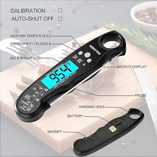 TP-01 Waterproof Digital Instant Read Meat Thermometer with 4.6 Folding Probe Backlight Calibration Function for Cooking Food Candy, BBQ Grill, Liquids,Beef(Black)