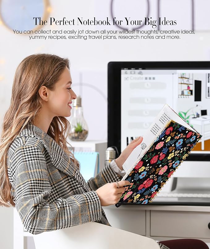 Cute Spiral Notebook Journal for Women, 160 Pages Lined Notebooks 5.75” x 8.38”, A5 Hardcover Spiral Journals with 100 GSM Thick Paper, College Ruled Notebook for Writing Work School, Rose Floral