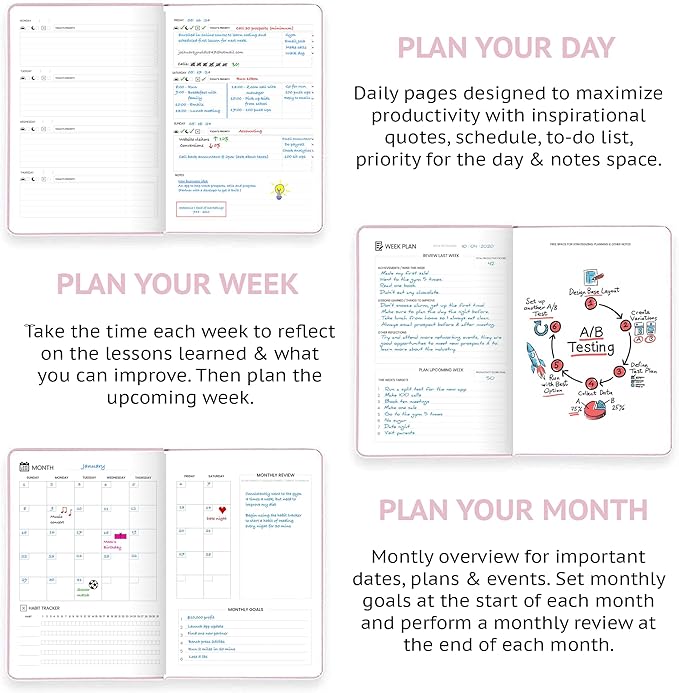 Pro - Goal Setting Planner to Increase Productivity and Achieve Personal and Business Goals. 12 Month Undated Daily, Weekly and Monthly Journal Organizer with Calendar (Pink)