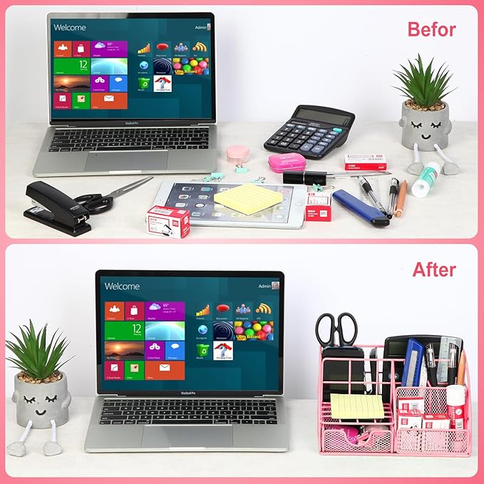 JUOPIEA Desk Organizers and Accessories Office Supplies Organizer with Pen Holder, 72 Clips Set and Phone Stand, Metal Mesh Desktop Organizers with Drawer for Home, Office, School Ect