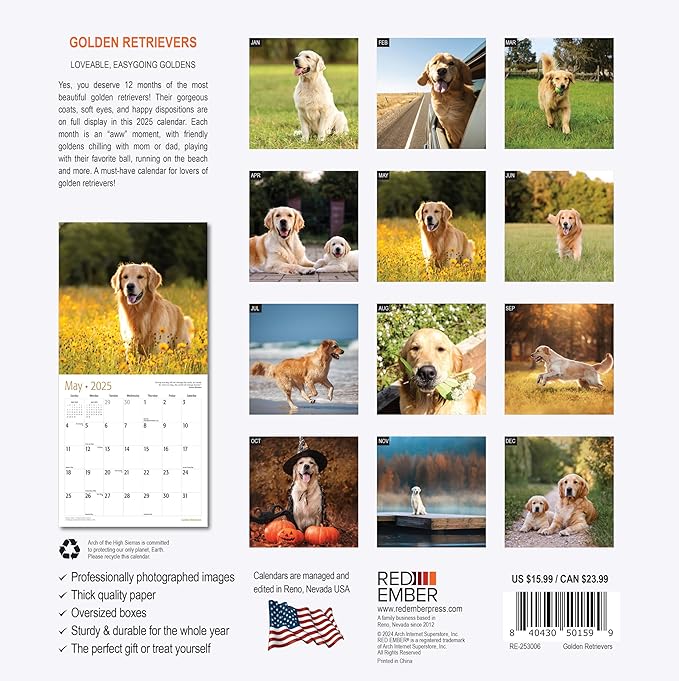 RED EMBER Golden Retrievers 2025 Wall Calendar 12 Month | 12" x 24" Open | Thick & Sturdy Paper | Giftable | Calendar 2025