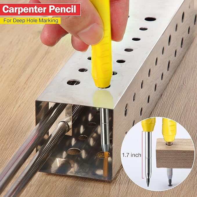 Hiboom 2 Pack Solid Carpenter Pencil with 14 Refill, Long Nosed Deep Hole Mechanical Pencil Marker with Built-in Sharpener for Carpenter Woodworking Architect with Design Patent (Black, Yellow)
