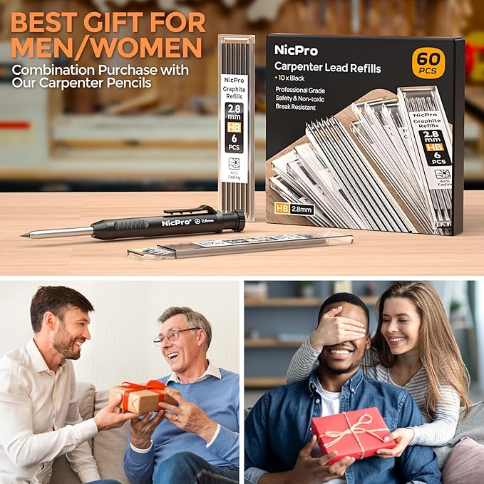 Nicpro 60 Pieces Carpenter Pencil Lead Refills 2.8mm, Lead Refill for Mechanical Carpenter Pencil, Break Resistant 2.8 mm Leads for Construction Pencils, Woodworking Pencil (Black)