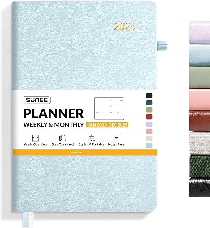 SUNEE 2025 Weekly & Monthly Hardcover Planner 5.5" x 8.3" - 12 Month (January 2025 - December 2025), Small Hardcover Planner, Pocket, Notes, 100 GSM Paper, Grey Blue
