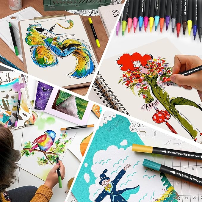 Markers,18 Colors Dual Brush Markers Pens,Fine Point and Brush Tip Markers for Adult Coloring Books No Bleeding,School Classroom Art Supplies