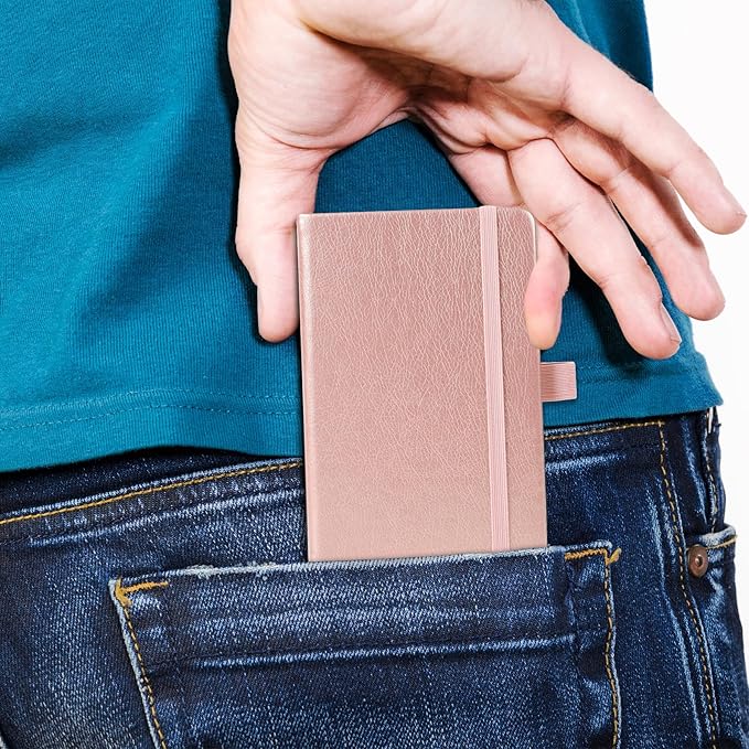 Animusphere 2Pack Pocket Notebook Small Notebook Journal Notebook 4 inches x 5.7 inches 200 Pages Leather Cover With Pen Holder Page Marker Ribbons (Rose Gold)