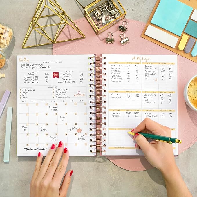 PLANBERRY Large Budget Planner & Monthly Bill Organizer with Pockets – Budgeting Book, Finance & Expense Tracker, 8.3x9.4″ (Rose Gold)