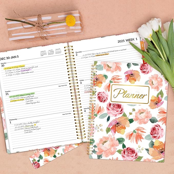 SUNEE 2025 Weekly and Monthly Planner - from January 2025 - December 2025, 8.5"x11" Daily Agenda Planner with Monthly Tab, Flexible Cover, Note Pages, Pockets, Bookmark, Spiral Binding, Floral