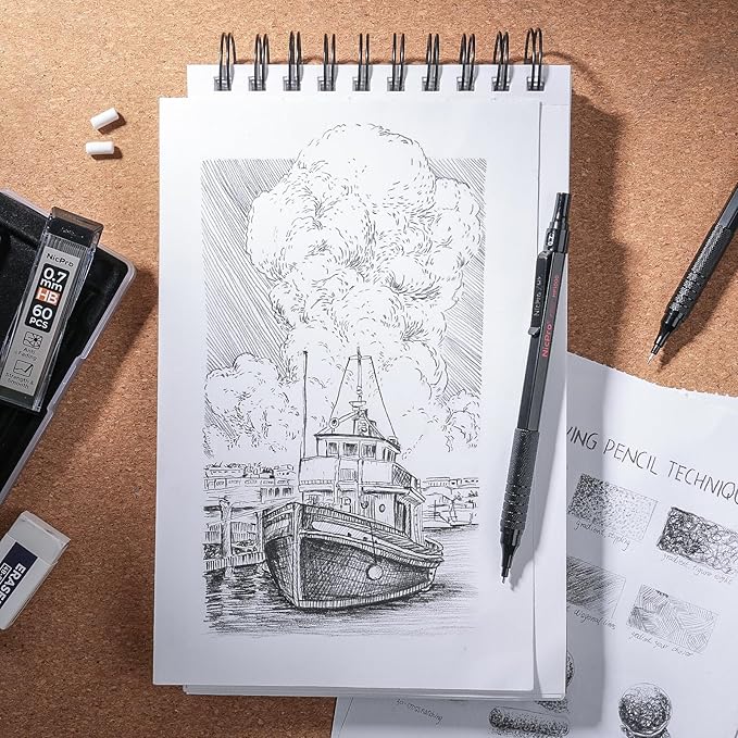 Nicpro Black Art Mechanical Pencil Set, 5PCS Metal Drafting Pencils 0.3, 0.5, 0.7, 0.9 mm & 2mm Graphite Lead Holder For Sketching Drawing With 9 Tubes (4B 2B HB 2H Colors) Lead Refills Erasers Case