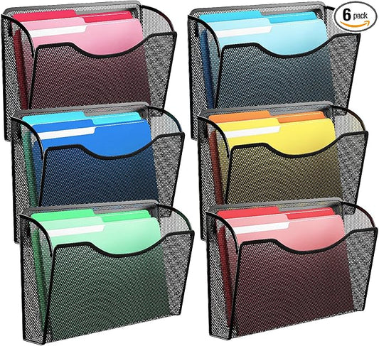 Mesh Hanging Wall File Holders, Vertical Mounted File Holder,Wall Basket Mail Organizer for Office, Home and School (Black 6Pack)