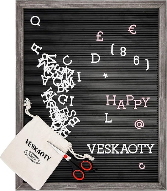 Plastic Letter Board with 376 Letters, Numbers & Symbols - 16 x 20 inch Changeable Message Board with Wooden Frame Wall Mount Hook, (Black Board & Grey Frame) by Veskaoty