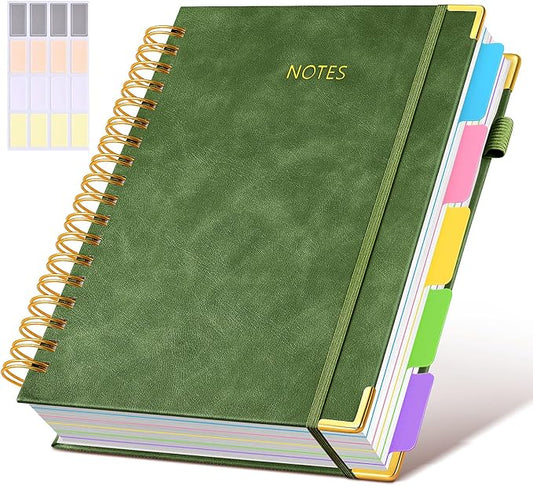 Hardcover Spiral Notebook journal with Removable Dividers Tabs, 300 Pages Leather 5 Subject Notebook College Ruled, 8"x10" Large B5 Notebooks for Work School Note taking, Lined Journal for Women,Green