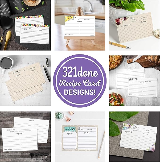 321Done Folding Recipe Cards (Set of 50) X-Large - Made in USA - Folds to 4x6 from 8x6 - Rustic Kraft Minimalist – Retro Vintage Luxury Thick Cardstock Jumbo Folded Double-Sided