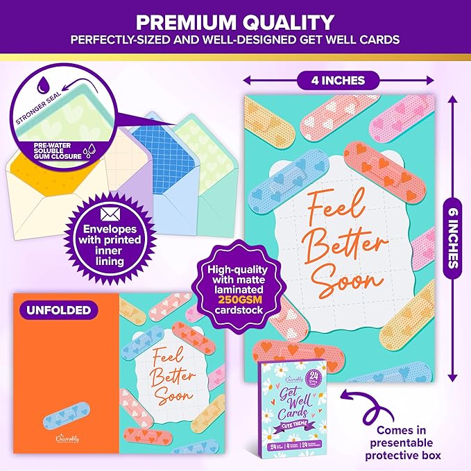 Decorably 24 Pack 4x6in Cute Get Well Cards Assortment Box with Envelopes and Stickers, 24 Unique Designs Get Well Soon Cards with Printed Message Inside