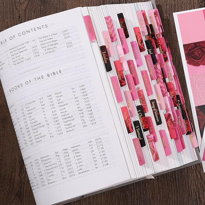 Thinkor Laminated & Reposition Bible Tabs, Gold Foil Pink Rose, Large Print Christian Gift for Women, Easy to Read and Apply Bible Journaling Tabs (Gold Pink Rose)