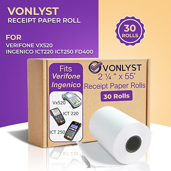 Thermal Paper Roll 2 1/4 x 55 for Verifone Vx520 Ingenico ICT220 ICT250 FD400 (30 rolls)